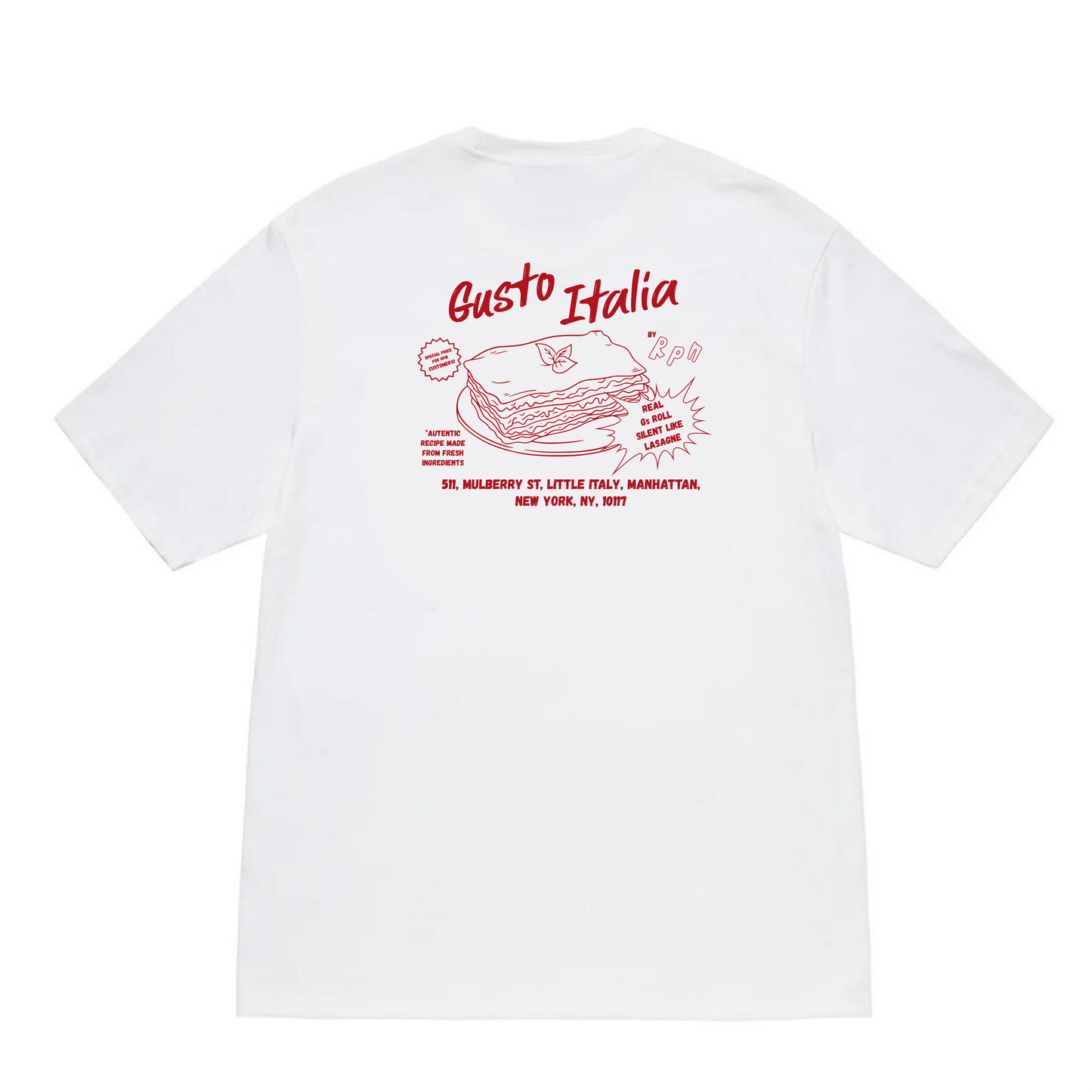 oversized short sleeved t-shirt in white with gusto italia print