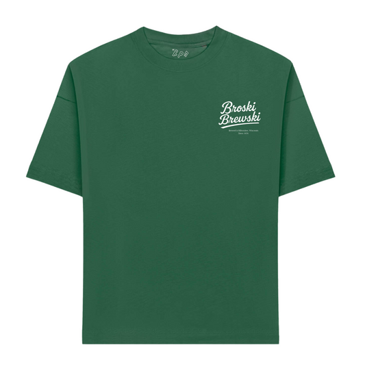 oversized short sleeved t-shirt in racing green with 'Broski Brewski' print