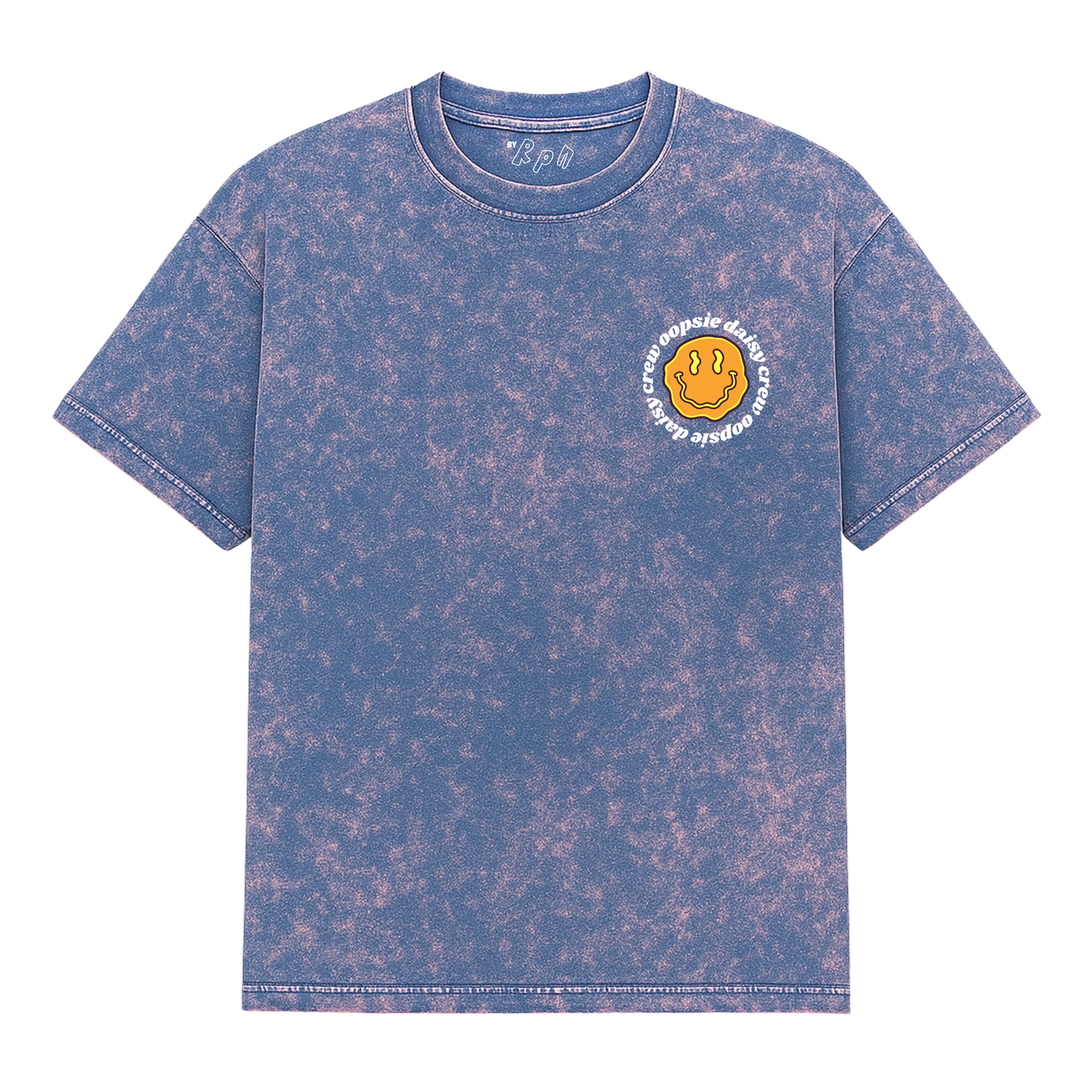 oversized short sleeved t-shirt in navy/pink stone wash with ‘OOPSIE DAISY CREW’ print