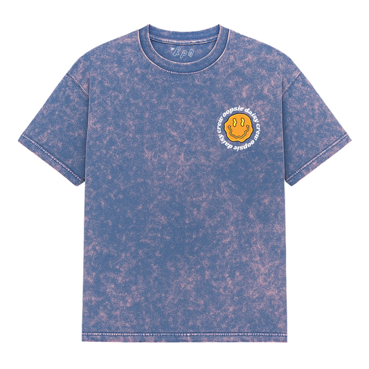 oversized short sleeved t-shirt in navy/pink stone wash with ‘OOPSIE DAISY CREW’ print