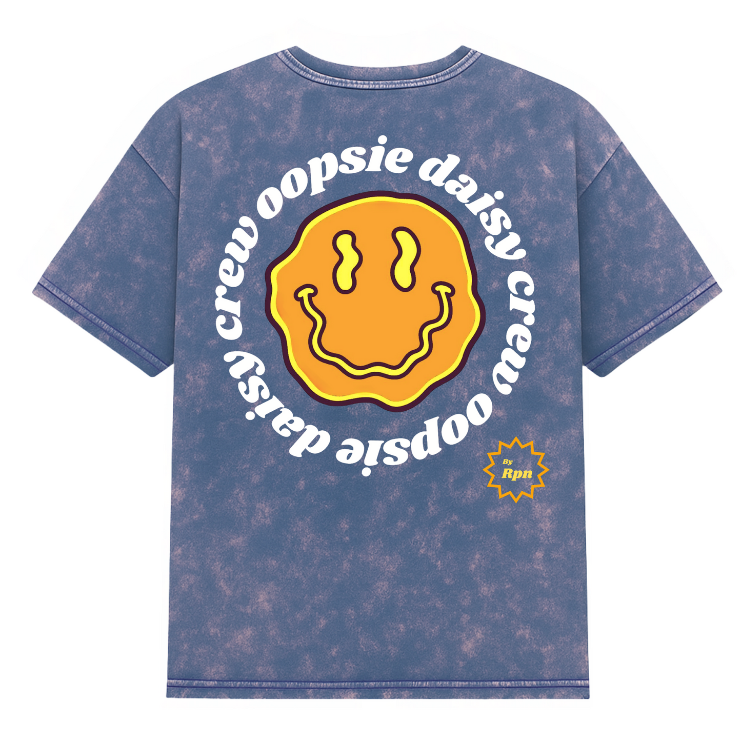 oversized short sleeved t-shirt in navy/pink stone wash with ‘OOPSIE DAISY CREW’ print