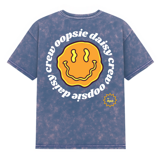 oversized short sleeved t-shirt in navy/pink stone wash with ‘OOPSIE DAISY CREW’ print