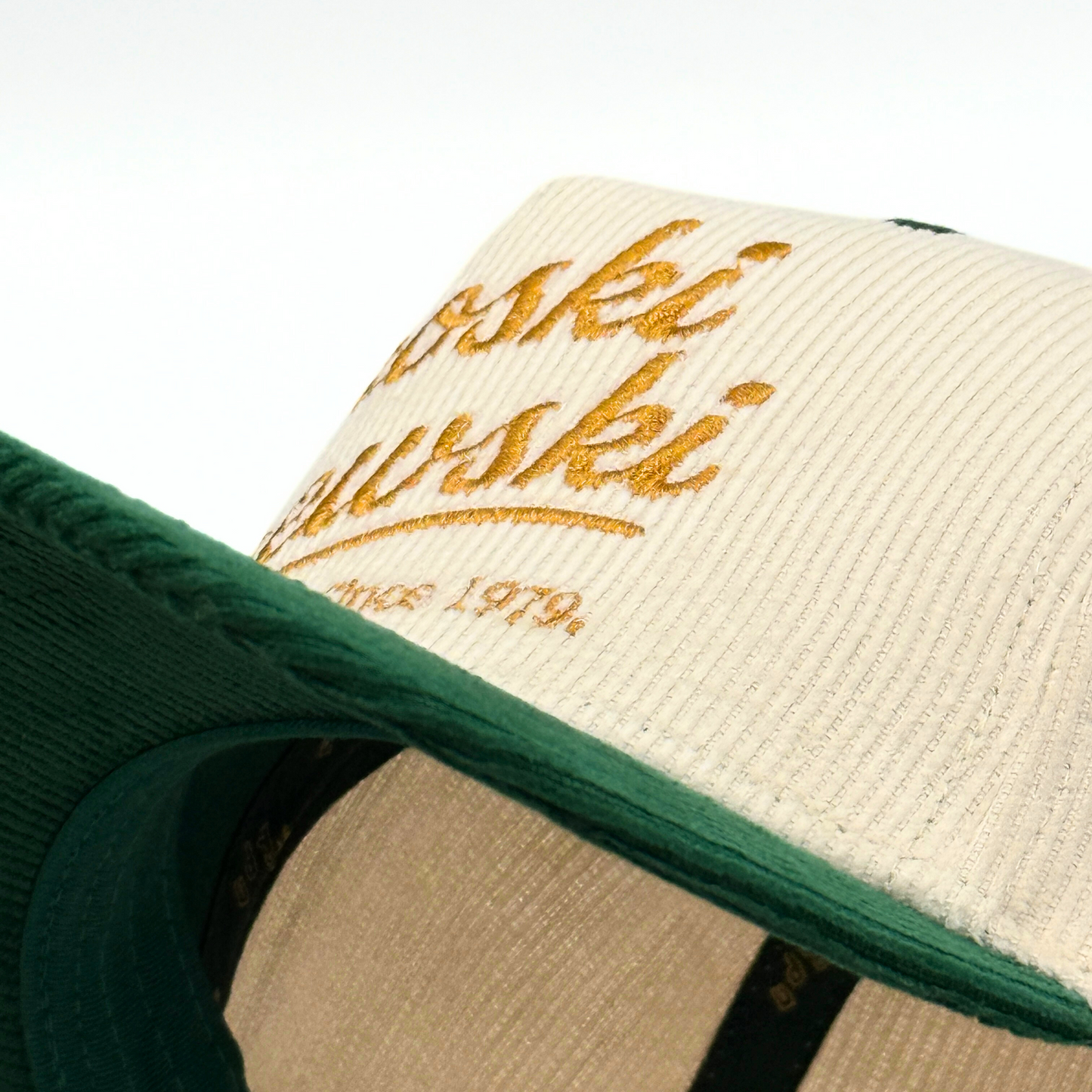'Broski Brewski' corduroy trucker snapback in off white and racing green