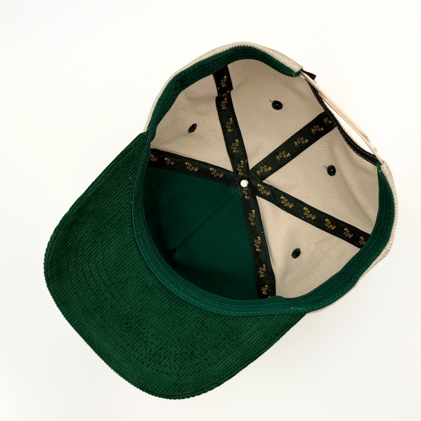 'Broski Brewski' corduroy trucker snapback in off white and racing green