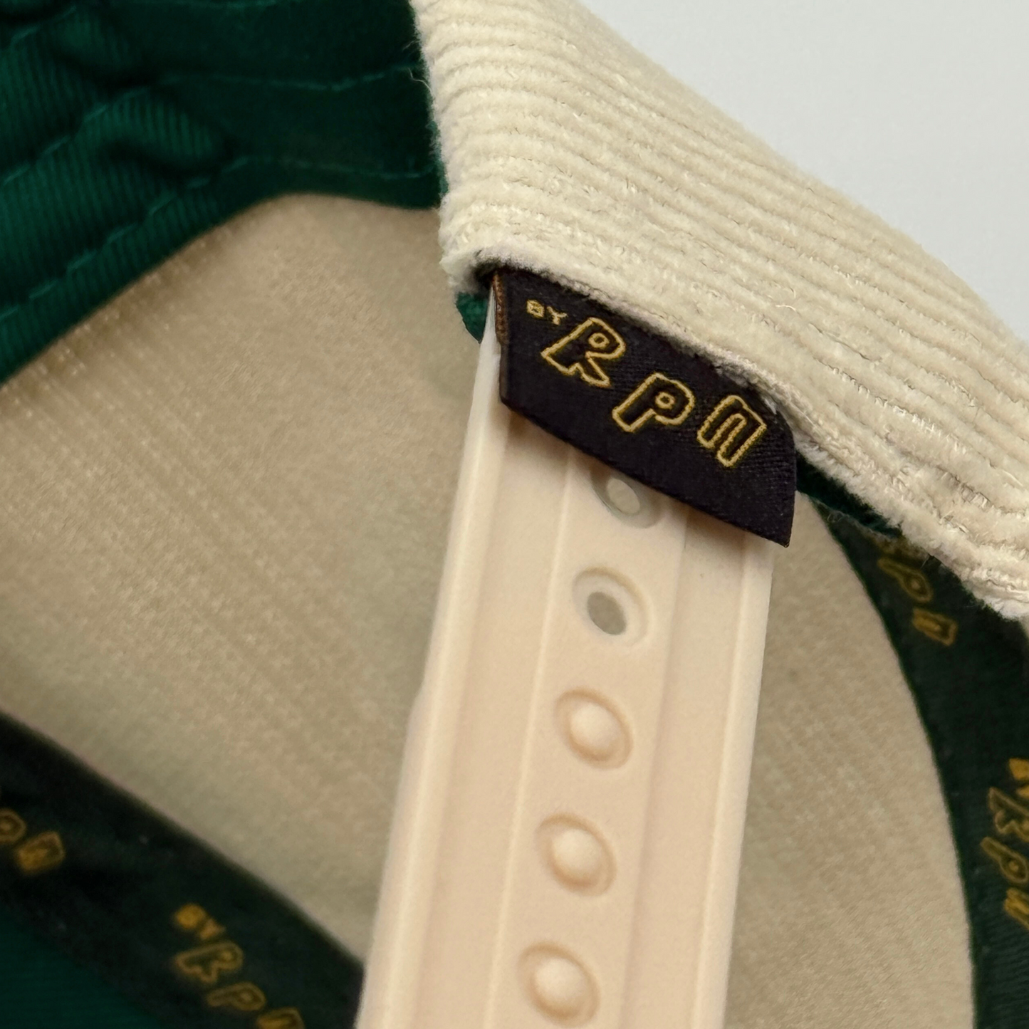 'Broski Brewski' corduroy trucker snapback in off white and racing green