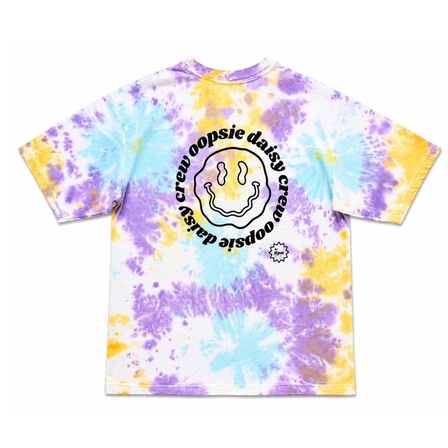 oversized short sleeved men's Tshirt in mixed tie dye with OOPSIE DAISY CREW print