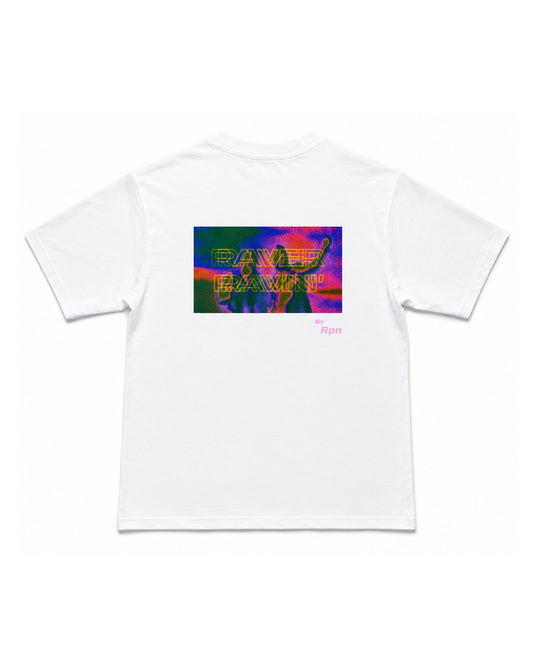 oversized short sleeved men's t-shirt in white with RAVER RAVIN' print