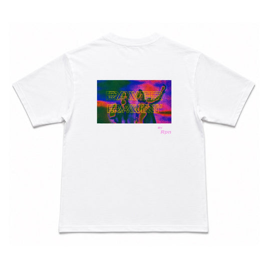 oversized short sleeved men's t-shirt in white with RAVER RAVIN' print