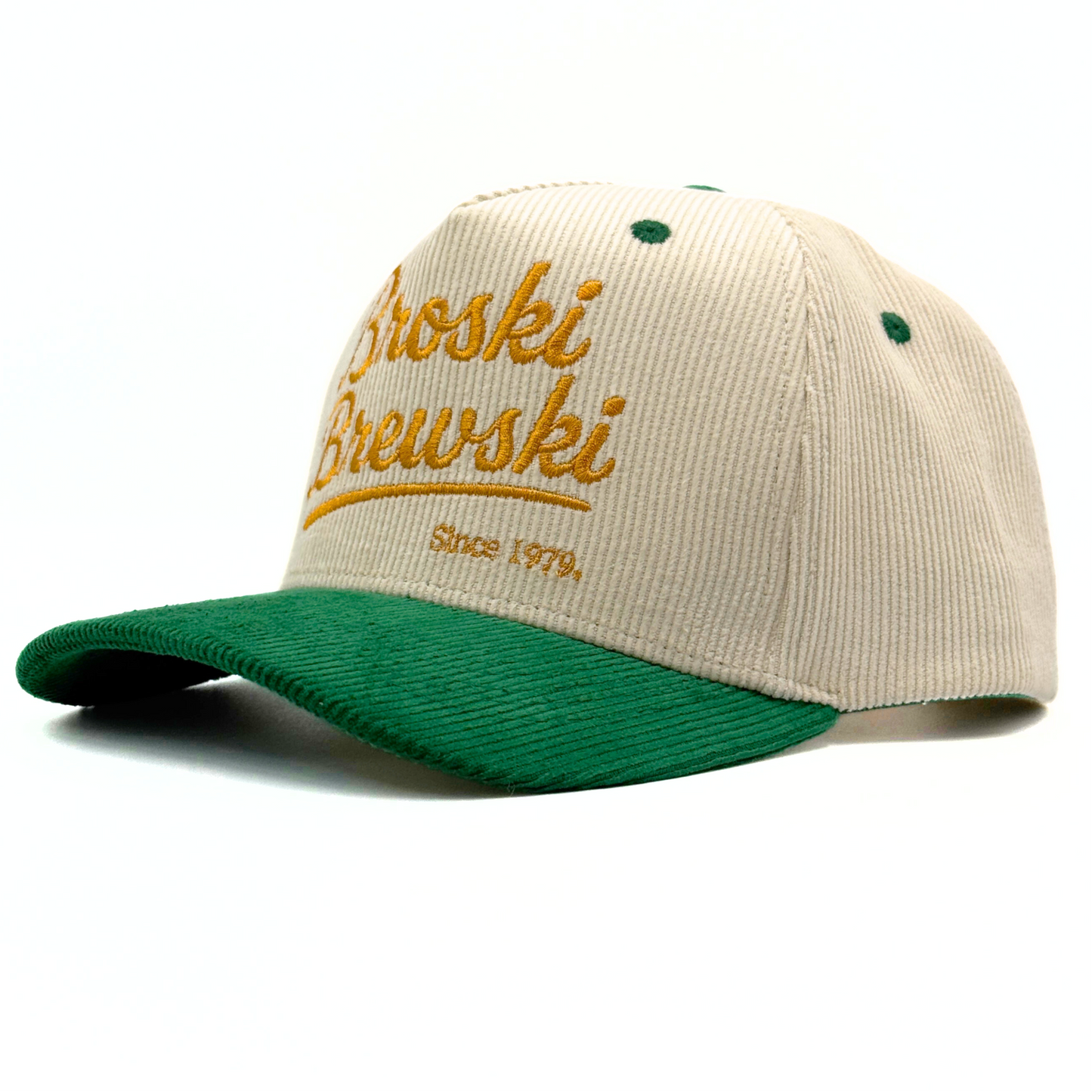 'Broski Brewski' corduroy trucker snapback in off white and racing green
