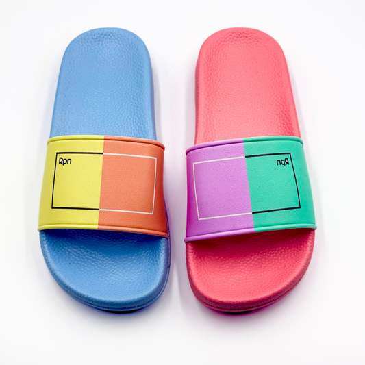 womens sliders in multi coloured block print