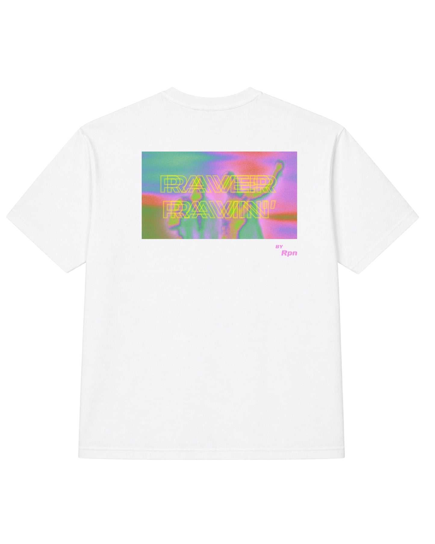 oversized short sleeved men's t-shirt in white with 'RAVER RAVIN'' print