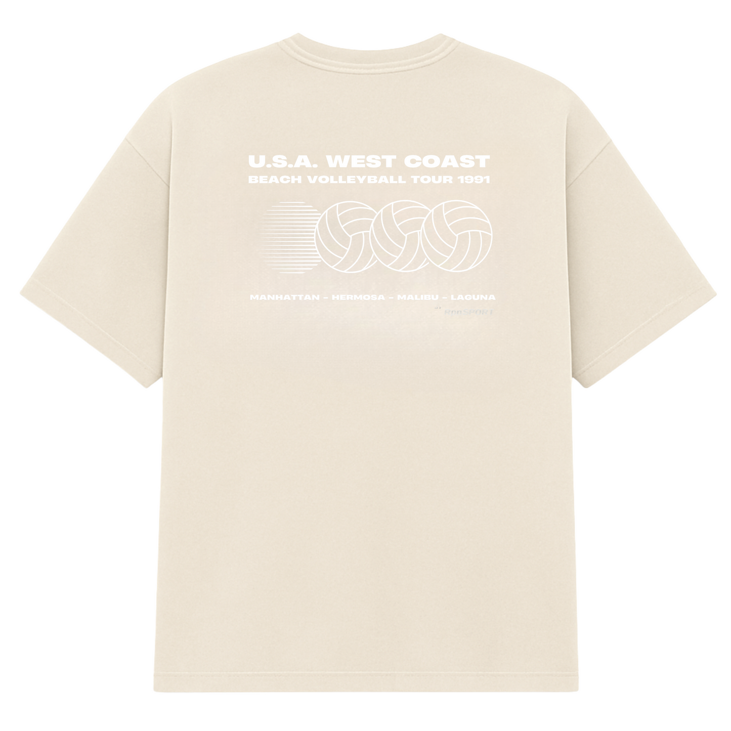 oversized short sleeved t-shirt in stone wash ecru with 'U.S.A WEST COAST BEACH VOLLEYBALL TOUR 1991' print