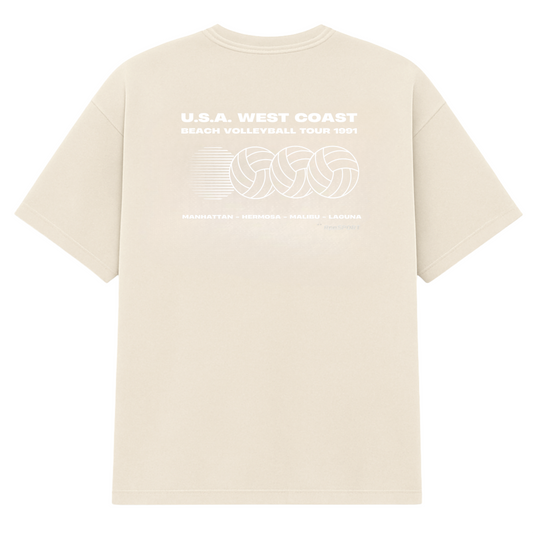 oversized short sleeved t-shirt in stone wash ecru with 'U.S.A WEST COAST BEACH VOLLEYBALL TOUR 1991' print