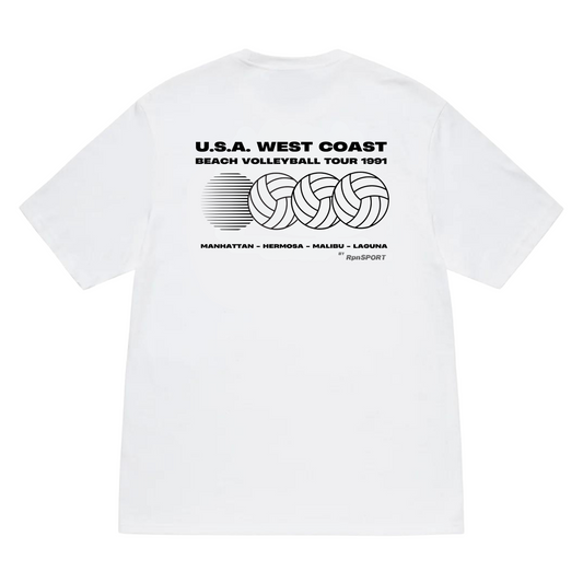 oversized short sleeved t-shirt in white with 'U.S.A WEST COAST BEACH VOLLEYBALL TOUR 1991' print