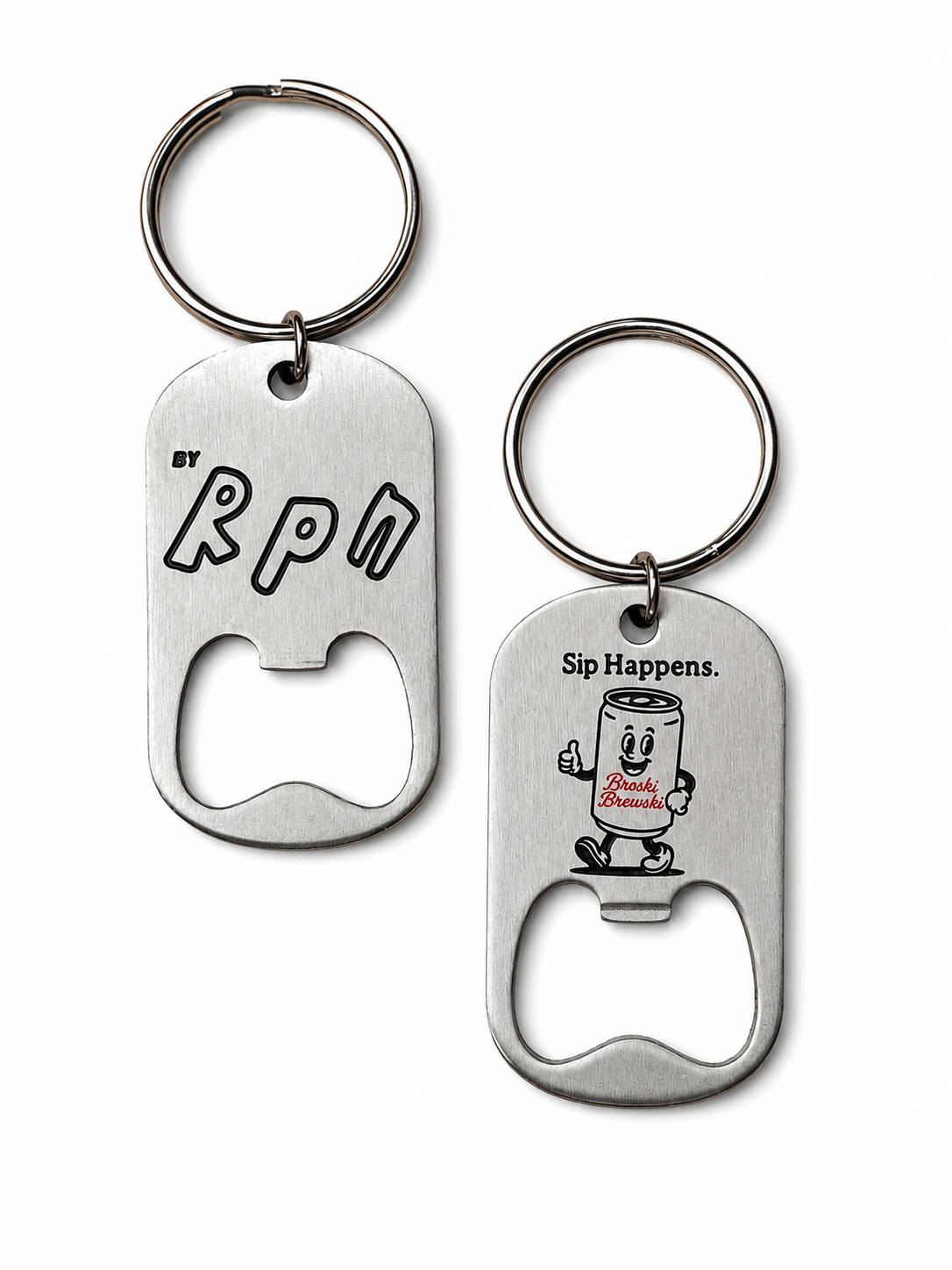 metal bottle opener keyring with broski brewski logo