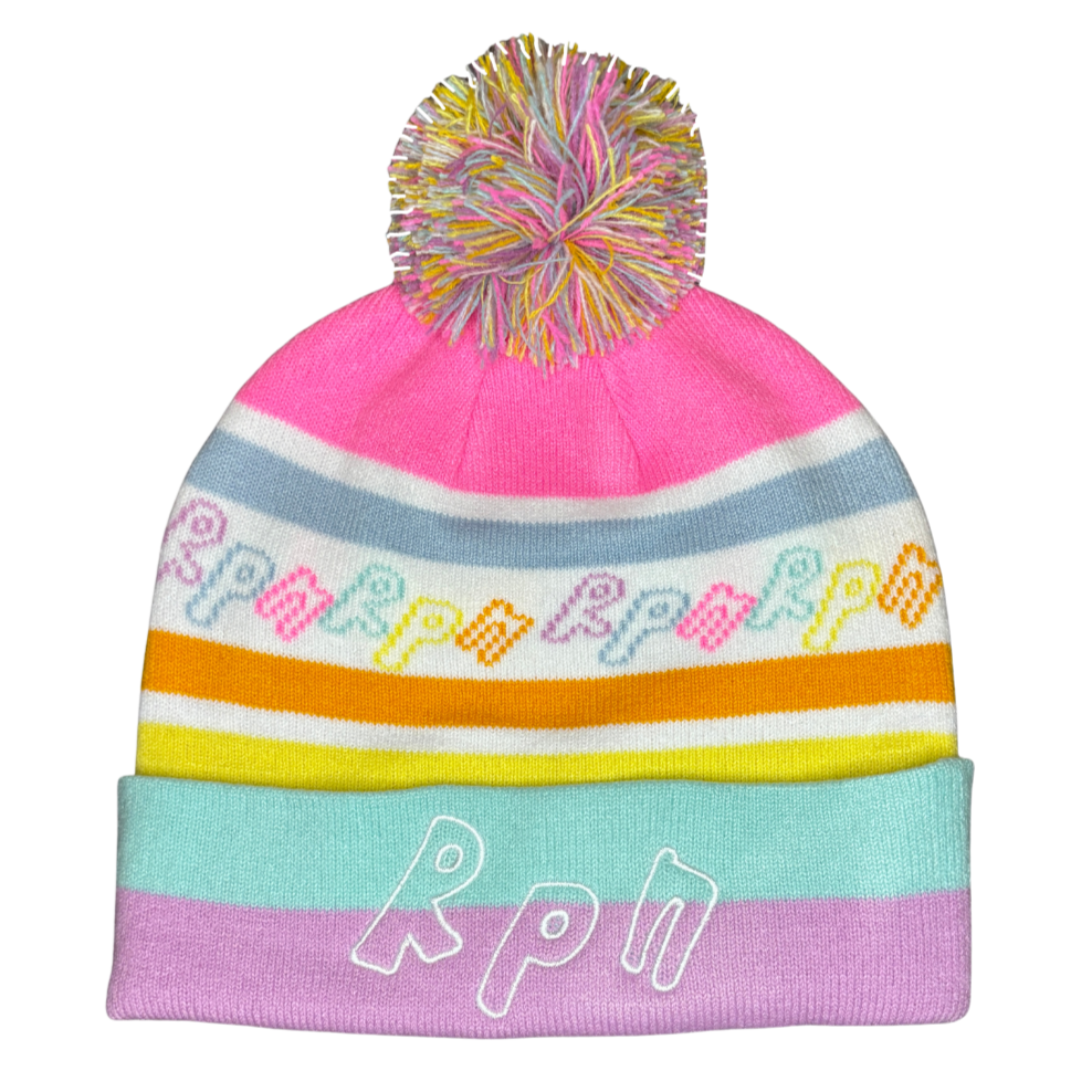 Oversized multi coloured bobble hat beanie with #misc1 logo