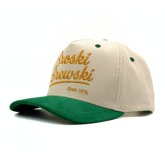 'Broski Brewski' corduroy trucker snapback in off white and racing green