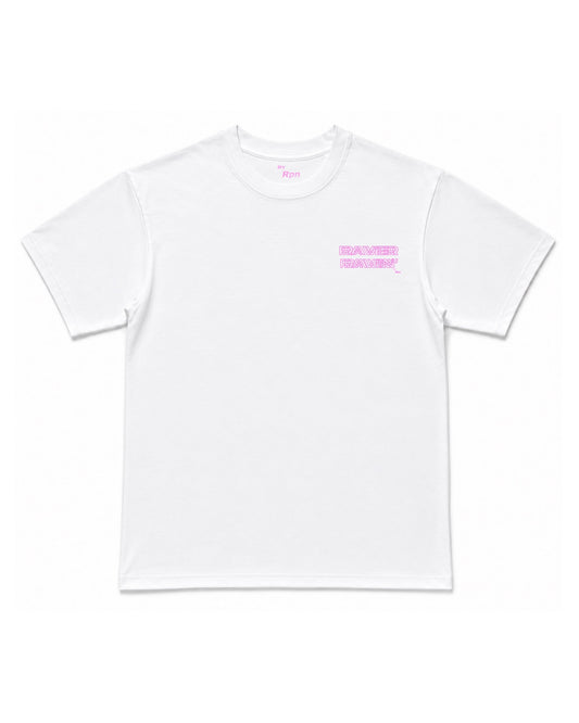oversized short sleeved men's t-shirt in white with RAVER RAVIN' print