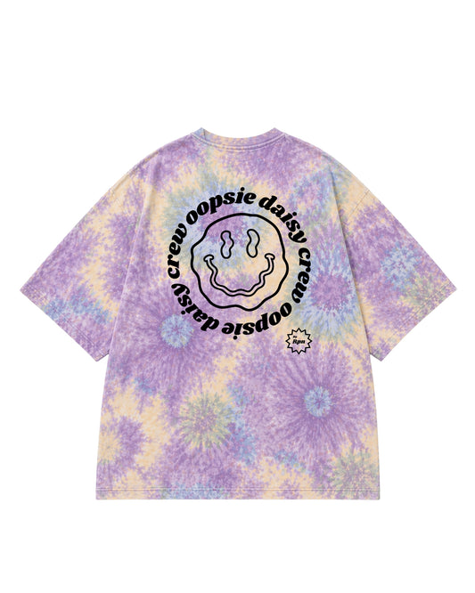 oversized short sleeved men's Tshirt in mixed tie dye with 'OOPSIE DAISY CREW' print