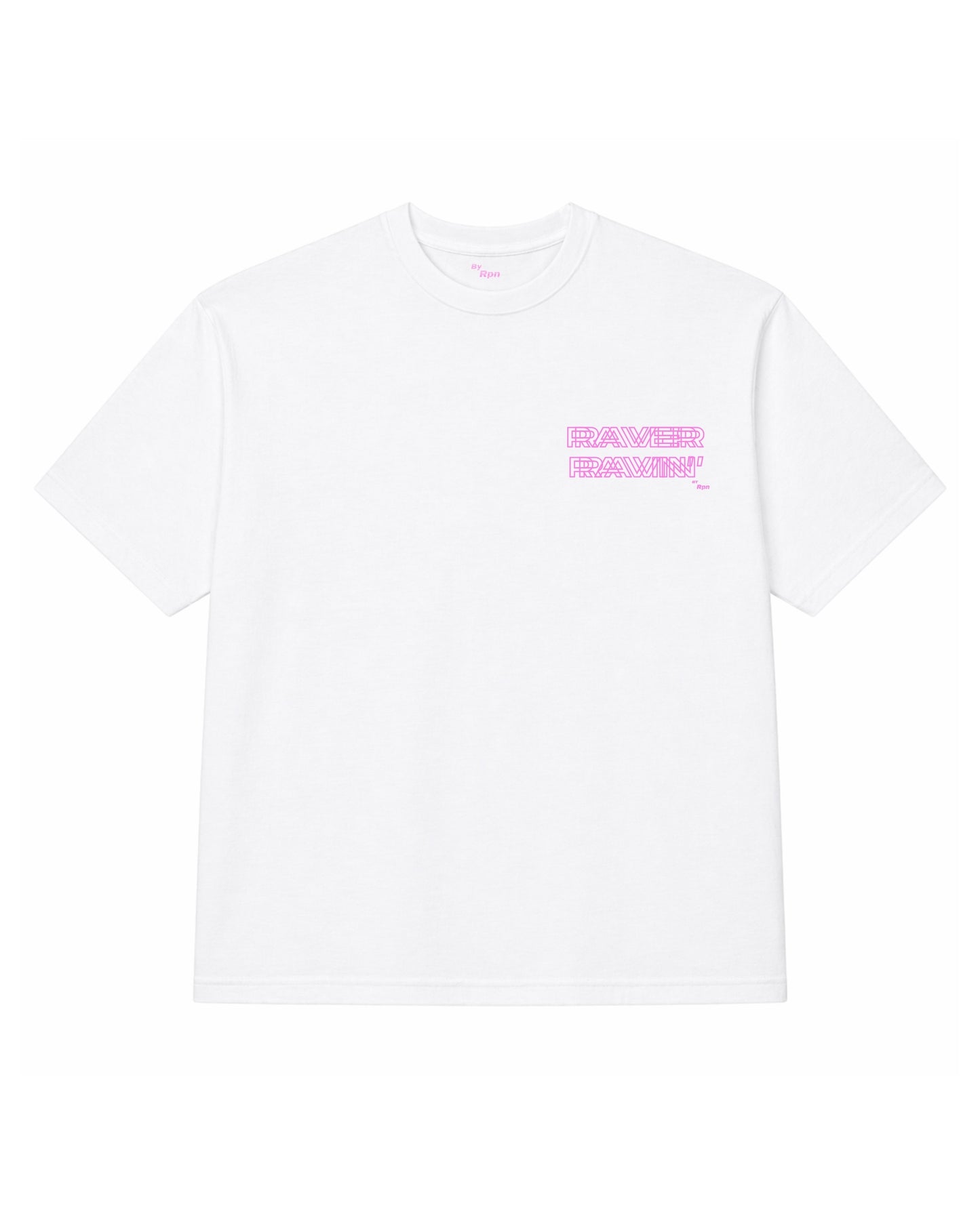 oversized short sleeved men's t-shirt in white with 'RAVER RAVIN'' print