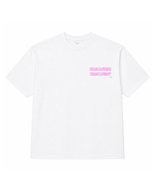 oversized short sleeved men's t-shirt in white with 'RAVER RAVIN'' print