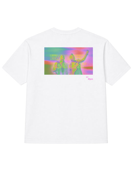 oversized short sleeved men's t-shirt in white with 'RAVER RAVIN'' print