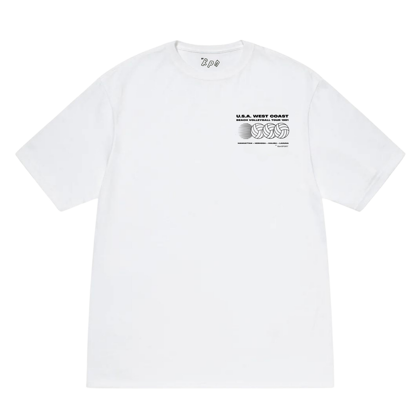 oversized short sleeved t-shirt in white with 'U.S.A WEST COAST BEACH VOLLEYBALL TOUR 1991' print