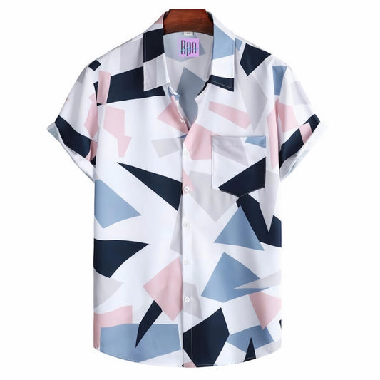 short sleeved patterned button up shirt