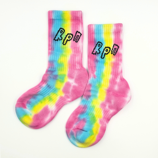socks in multi colour tie dye with vertical #misc1 print