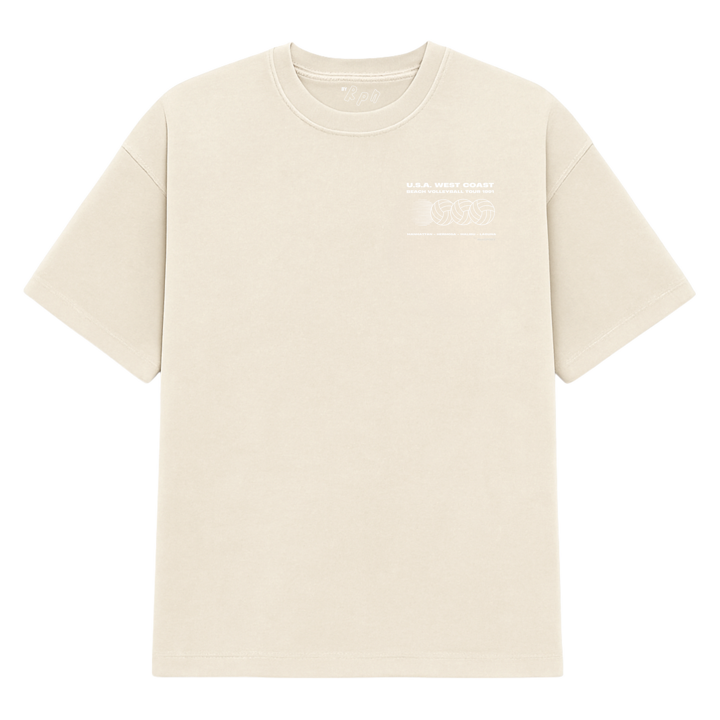 oversized short sleeved t-shirt in stone wash ecru with 'U.S.A WEST COAST BEACH VOLLEYBALL TOUR 1991' print